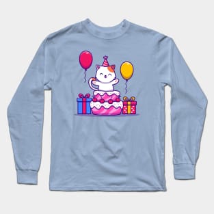 Cute Cat Birthday Party With Cake, Gift And Balloon Long Sleeve T-Shirt